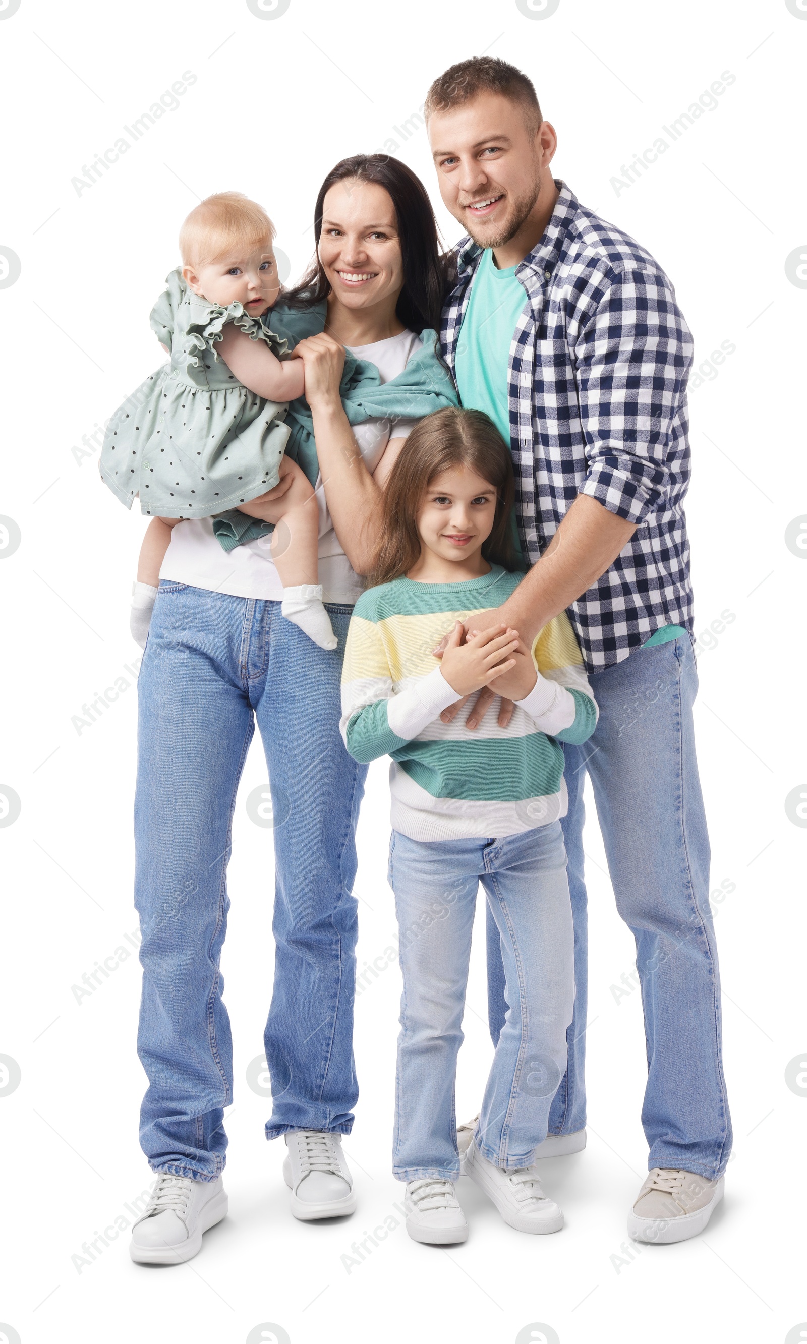 Happy parents and their kids on white background Photo of Happy parents and their kids on white background
