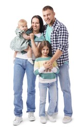 Photo of Happy parents and their kids on white background