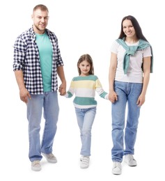 Photo of Happy parents and their daughter on white background