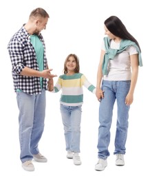 Photo of Happy parents and their daughter on white background