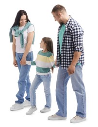 Photo of Happy parents and their daughter on white background
