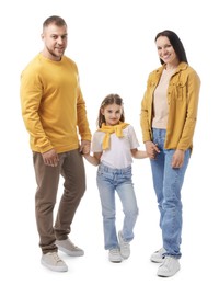 Photo of Happy parents and their daughter on white background
