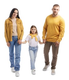 Photo of Happy parents and their daughter on white background