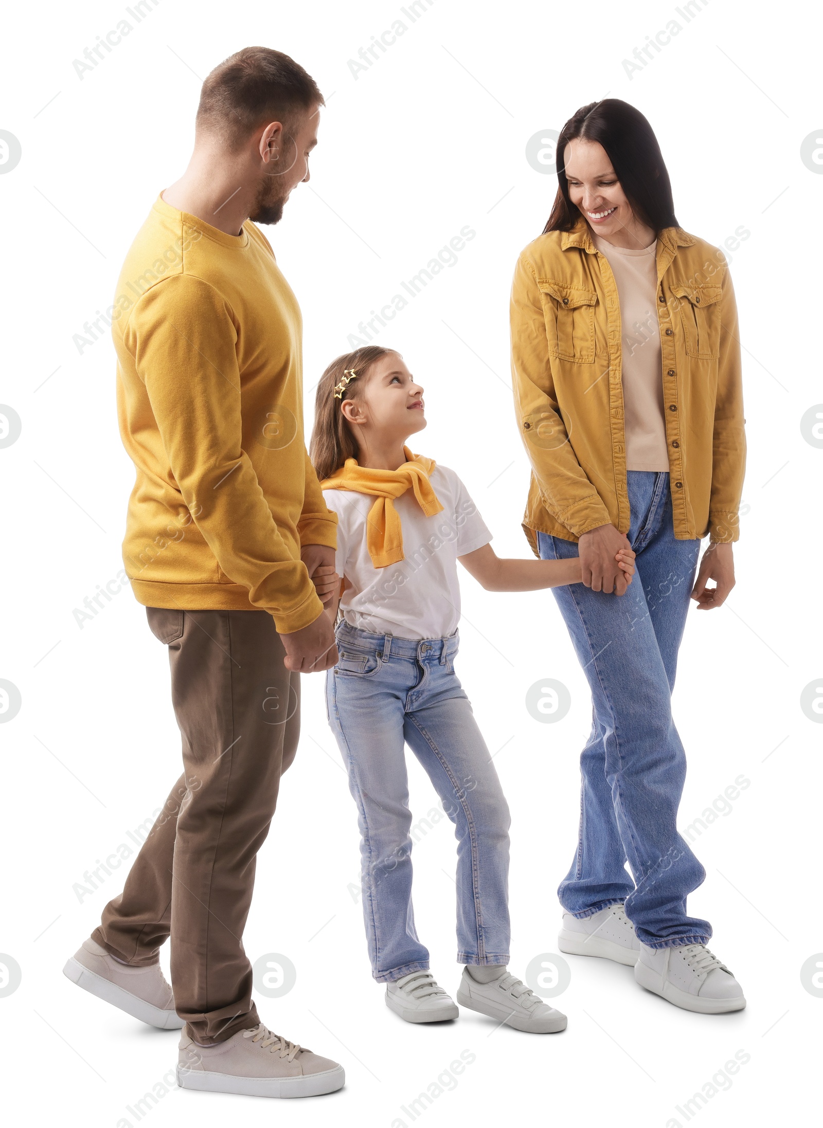 Happy parents and their daughter on white background Photo of Happy parents and their daughter on white background