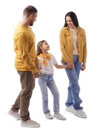 Photo of Happy parents and their daughter on white background