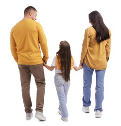Photo of Parents and their daughter on white background, back view