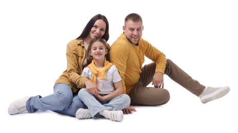 Photo of Happy parents and their daughter on white background