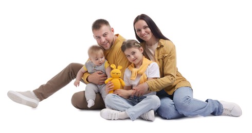 Photo of Happy parents and their kids on white background