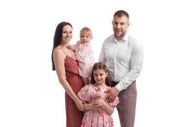 Photo of Happy parents and their kids on white background