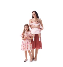Photo of Mother and her cute kids on white background