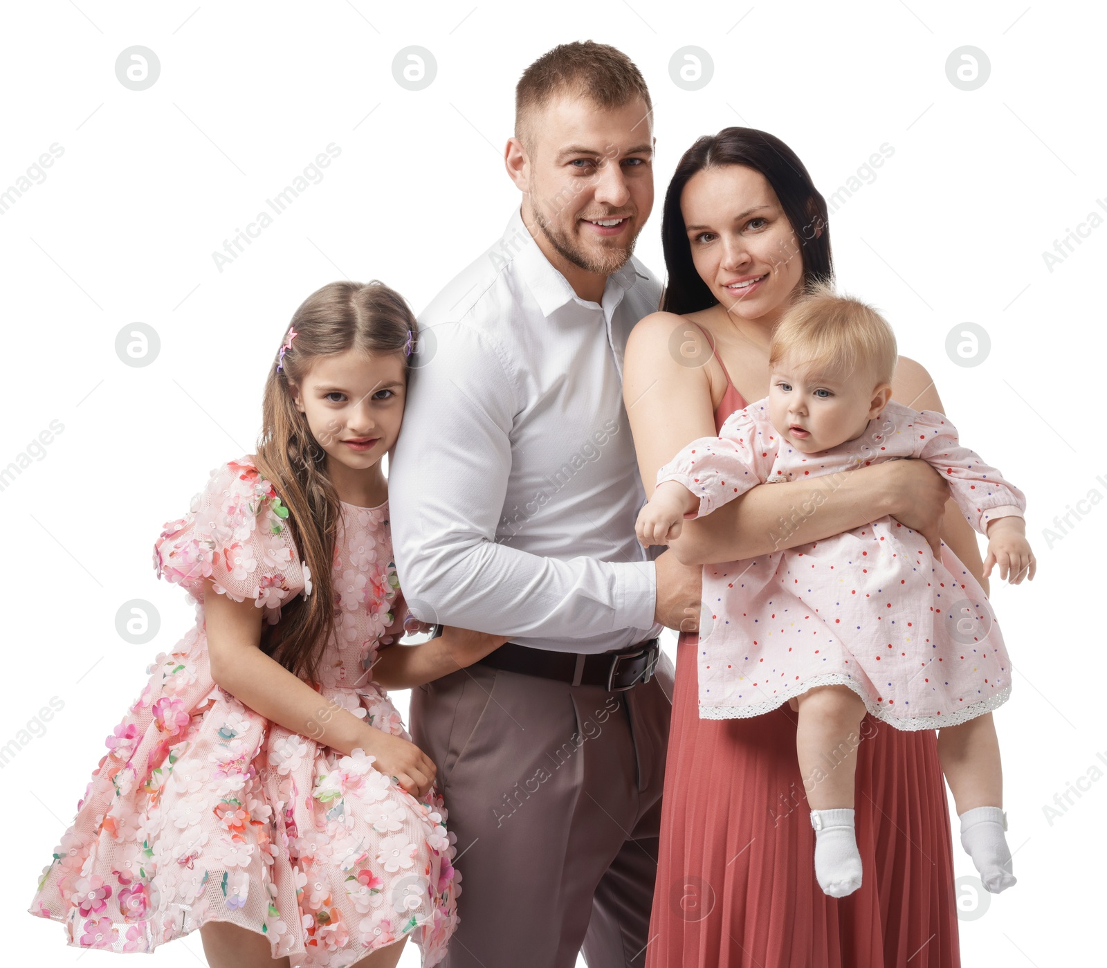 Photo of Happy parents and their kids on white background