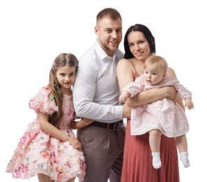 Photo of Happy parents and their kids on white background