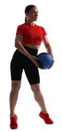 Photo of Athletic woman exercising with medicine ball on white background