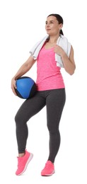 Photo of Woman with medicine ball and towel on white background