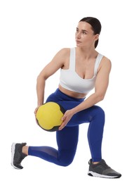 Photo of Athletic woman exercising with medicine ball on white background