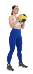 Photo of Woman with medicine ball on white background