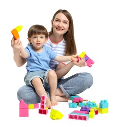 Photo of Mother and son playing with building bricks on white background