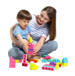 Photo of Mother and son playing with building bricks on white background