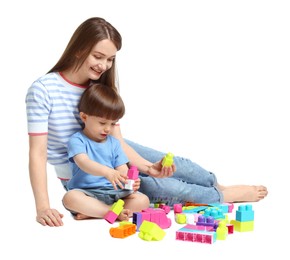 Photo of Mother and son playing with building bricks on white background
