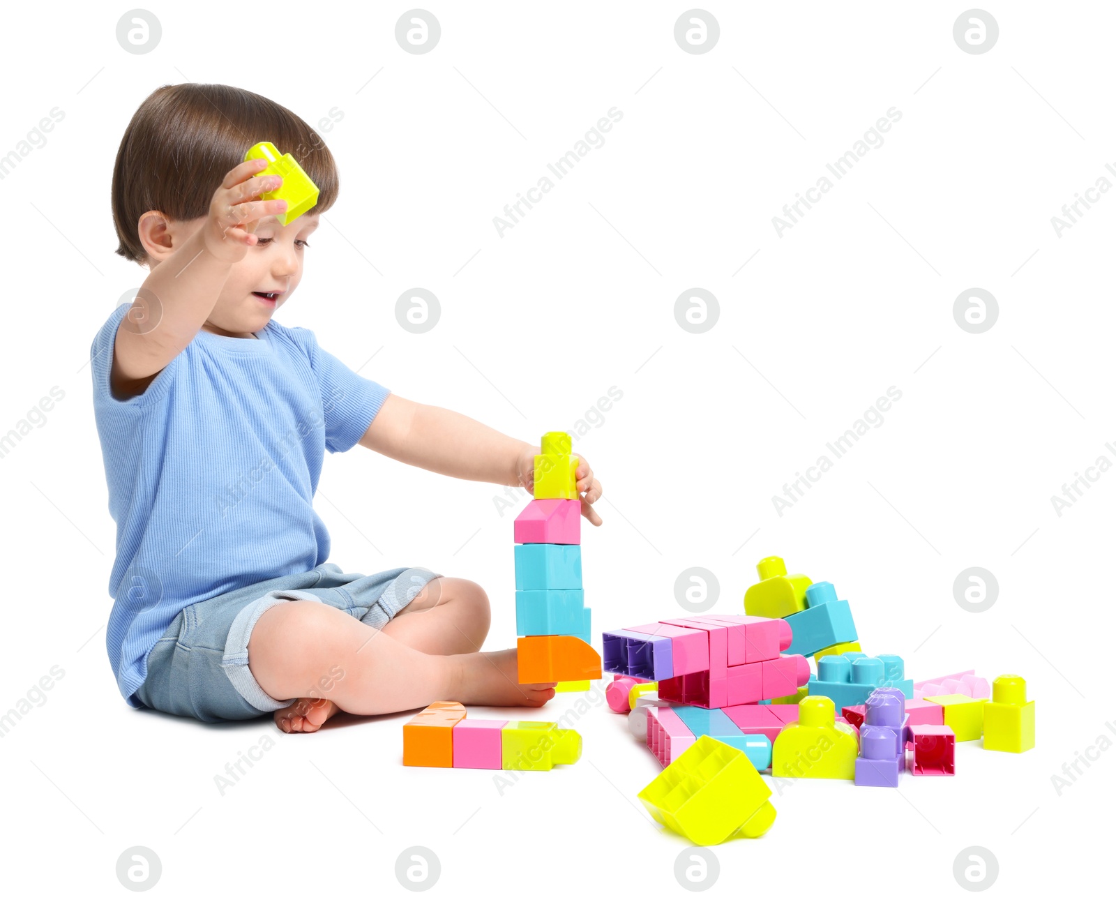 Cute little boy playing with building bricks on white background Photo of Cute little boy playing with building bricks on white background