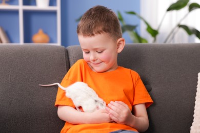 Photo of Little boy with his pet rat on sofa at home