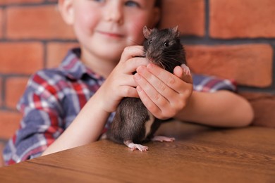 Photo of Little boy with his pet rat at wooden table indoors, closeup