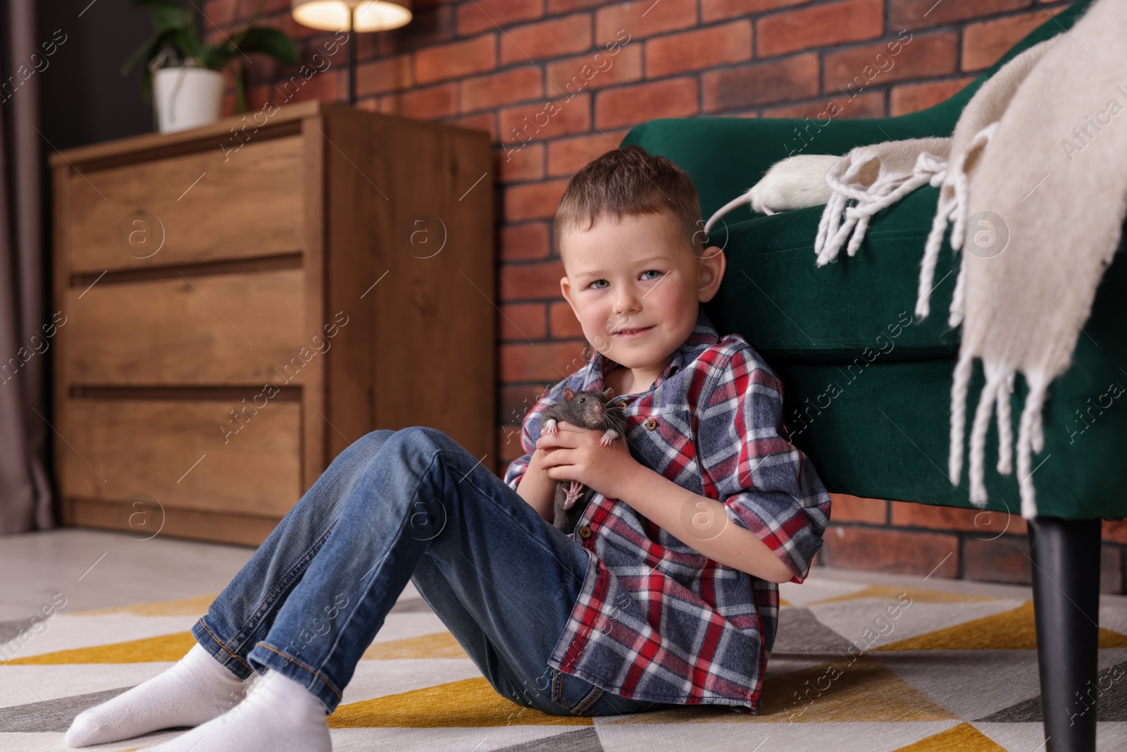 Little boy with his pet rat on floor at home Photo of Little boy with his pet rat on floor at home
