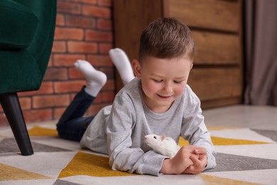 Photo of Little boy with his pet rat on floor at home