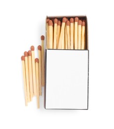 Photo of Matches and box isolated on white, top view. Mockup for design