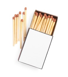 Photo of Matches and box isolated on white, top view. Mockup for design
