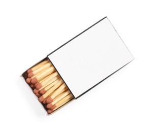Photo of Matches in box isolated on white, top view. Mockup for design