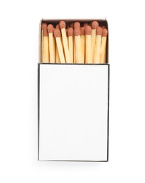 Photo of Matches in box isolated on white, top view. Mockup for design