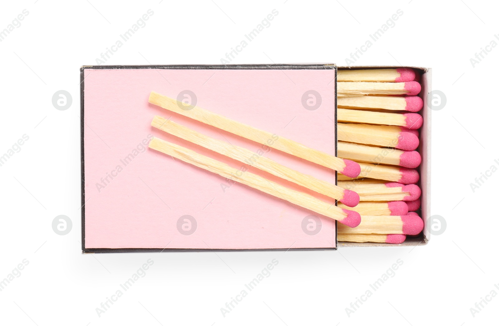 Matches and pink box isolated on white, top view Photo of Matches and pink box isolated on white, top view