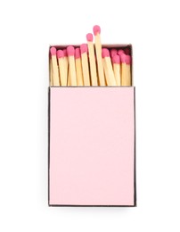 Photo of Matches in box isolated on white, top view. Mockup for design