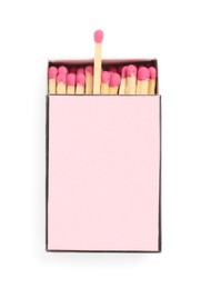 Photo of Matches in box isolated on white, top view. Mockup for design