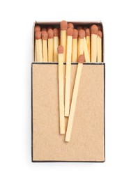 Photo of Matches with brown heads and box isolated on white, top view