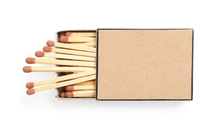 Photo of Matches in box isolated on white, top view. Mockup for design