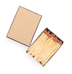 Photo of Matches in box isolated on white, top view. Mockup for design