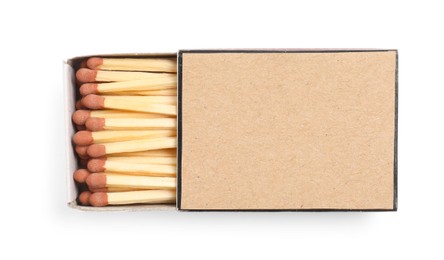 Photo of Matches in box isolated on white, top view. Mockup for design