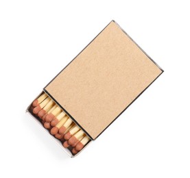 Photo of Matches in box isolated on white, top view. Mockup for design