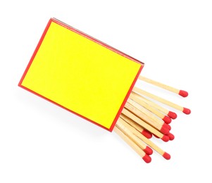 Photo of Matches in box isolated on white, top view. Mockup for design