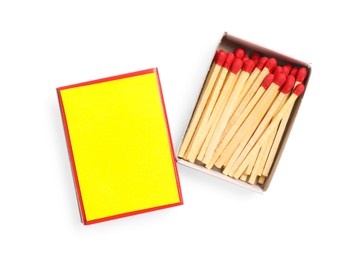 Photo of Matches in box isolated on white, top view. Mockup for design