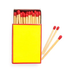Photo of Matches and box isolated on white, top view. Mockup for design