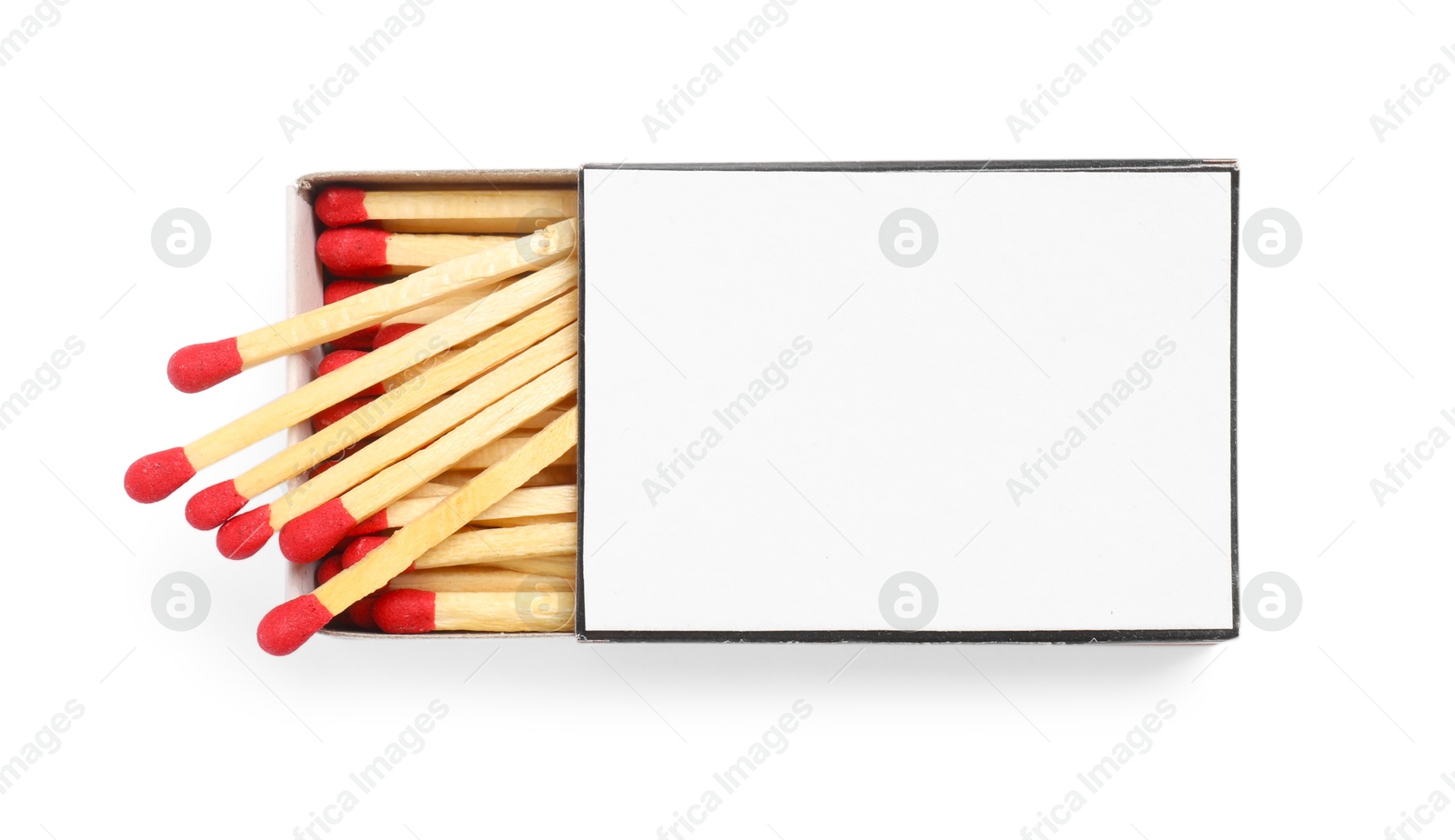 Photo of Matches in box isolated on white, top view. Mockup for design