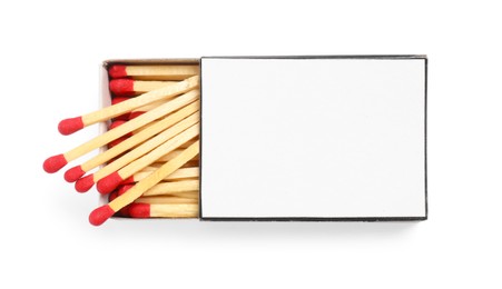 Photo of Matches in box isolated on white, top view. Mockup for design