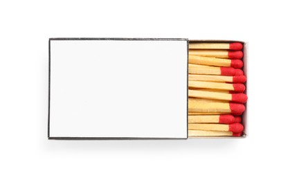 Photo of Matches in box isolated on white, top view. Mockup for design