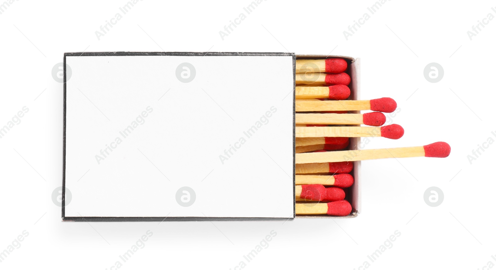 Photo of Matches in box isolated on white, top view. Mockup for design