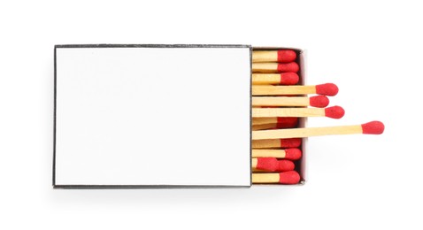Photo of Matches in box isolated on white, top view. Mockup for design