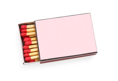 Photo of Matches in box isolated on white, top view. Mockup for design