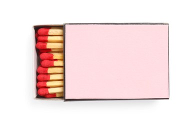 Photo of Matches in box isolated on white, top view. Mockup for design